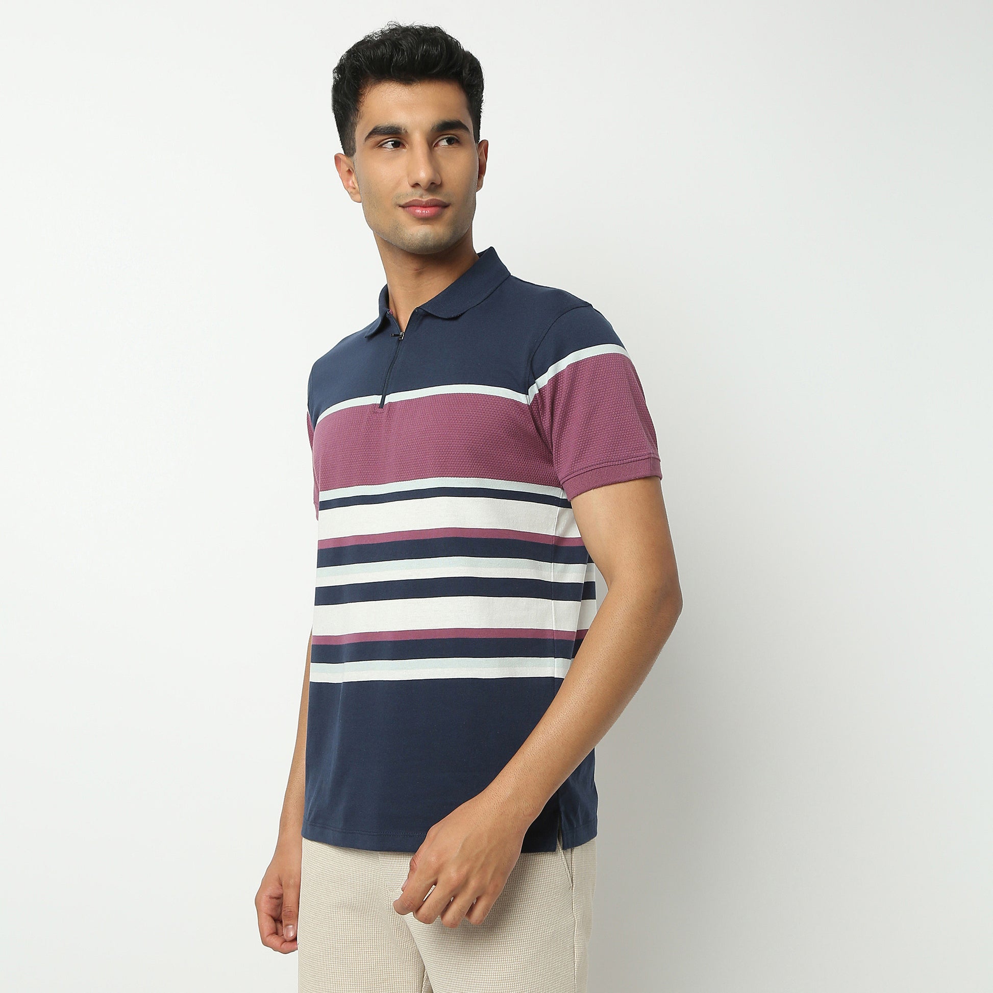 Regular Fit Striped Polo Neck T-Shirt