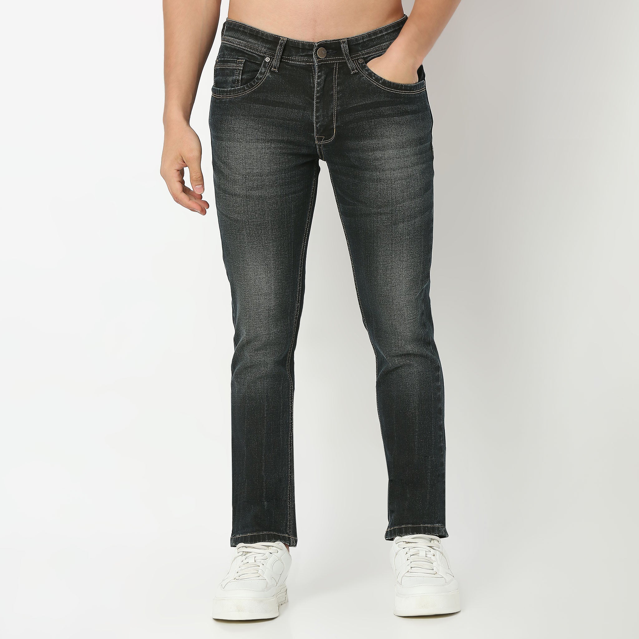 Solid Full Length Straight Fit Classic Clean Jeans