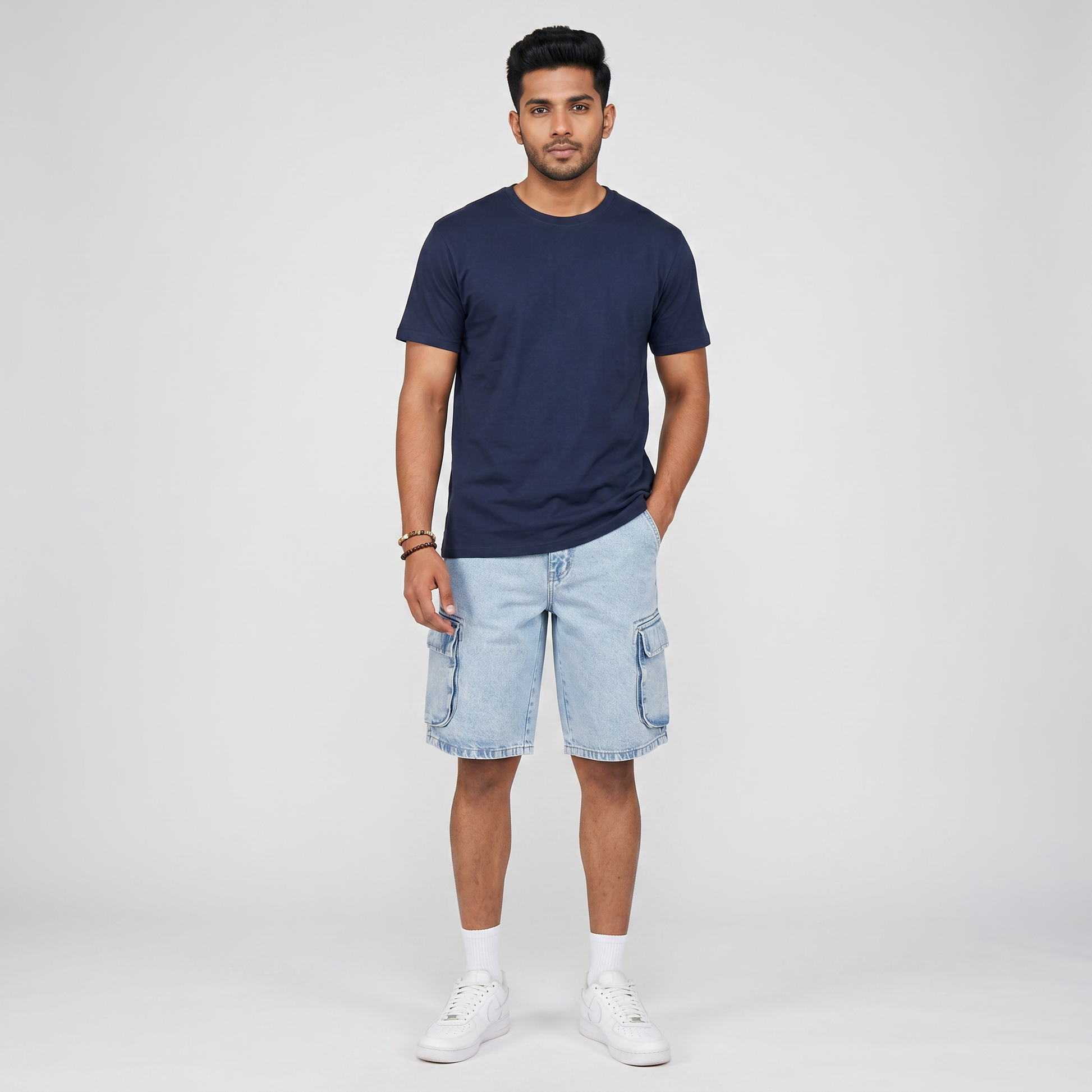 Solid Mid Rise Cargo Shorts