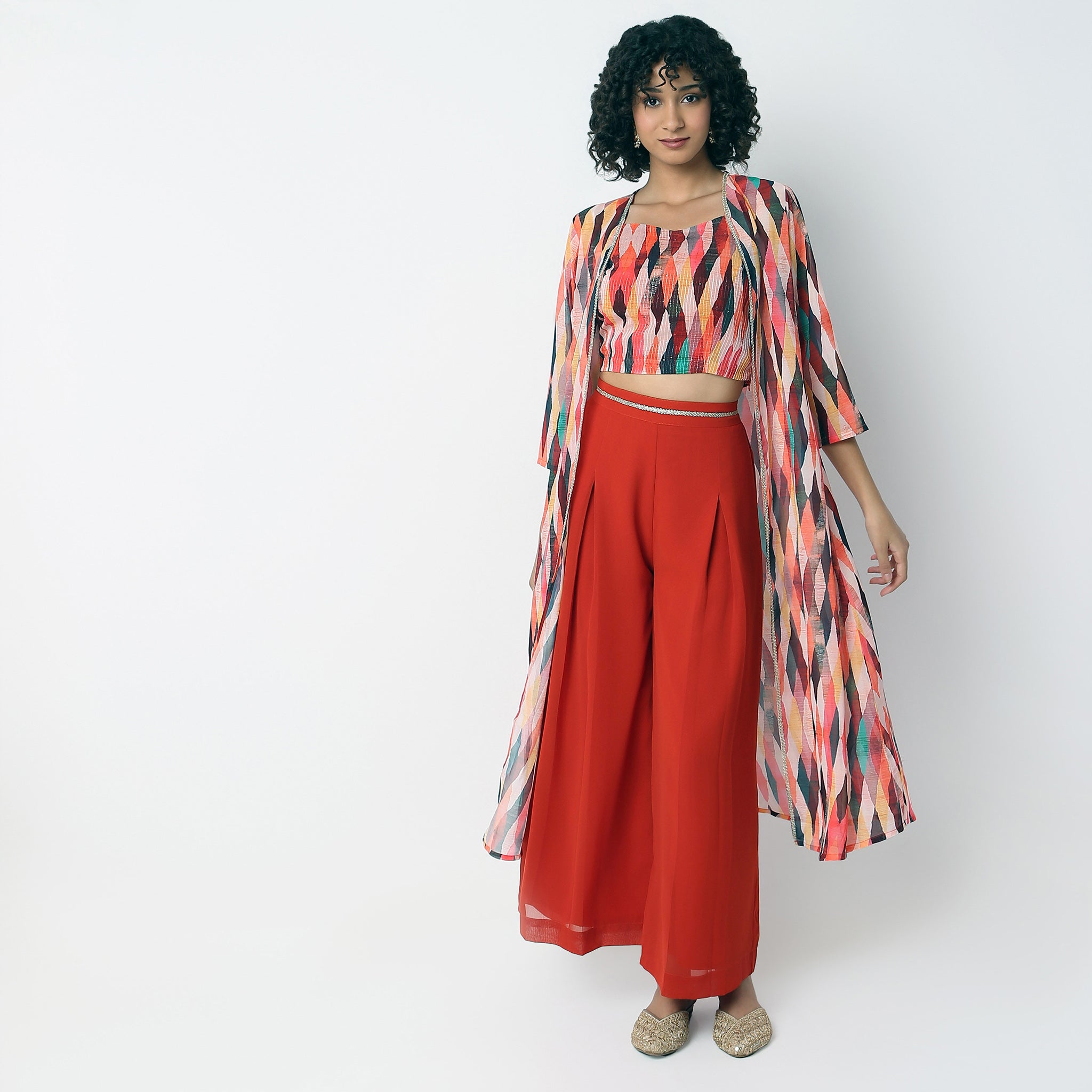 Flare Fit Embellished Crop Top And Palazzo Shrug Set