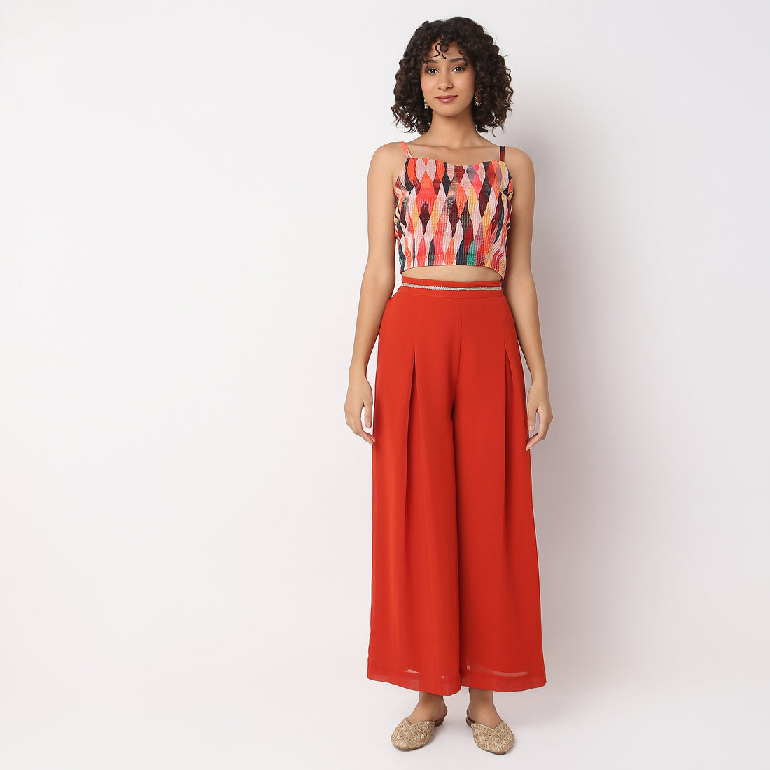 Flare Fit Embellished Crop Top and Palazzo Shrug Set