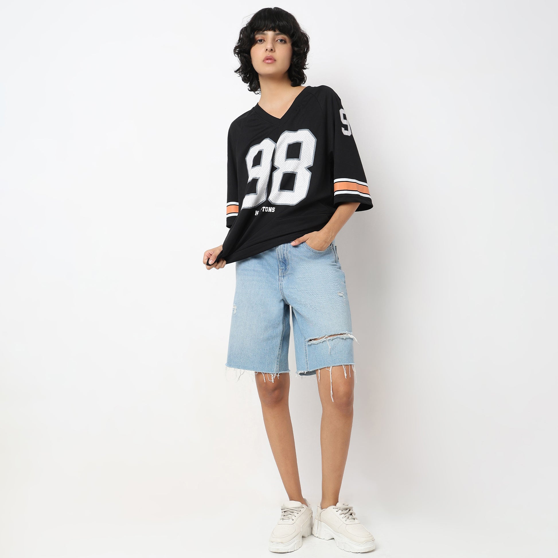 Oversize Printed Above Knee V-Neck Sporty T-Shirt