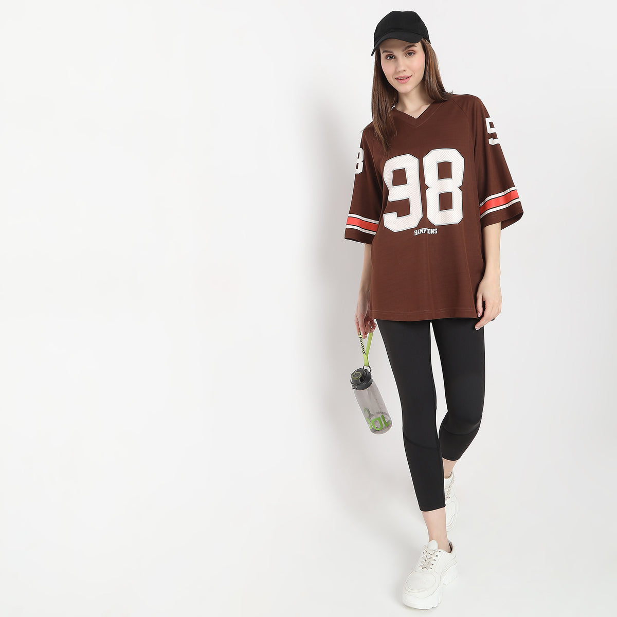 Oversize Printed Above Knee V-Neck Sporty T-Shirt