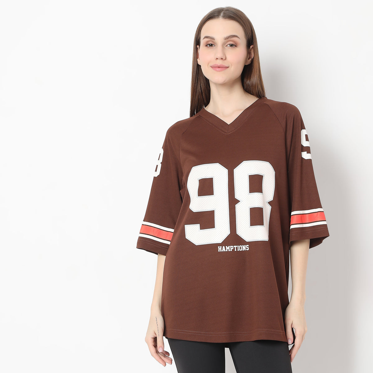 Oversize Printed Above Knee V-Neck Sporty T-Shirt