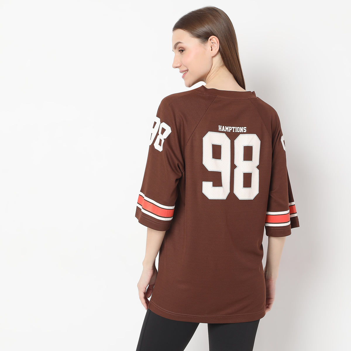 Oversize Printed Above Knee V-Neck Sporty T-Shirt