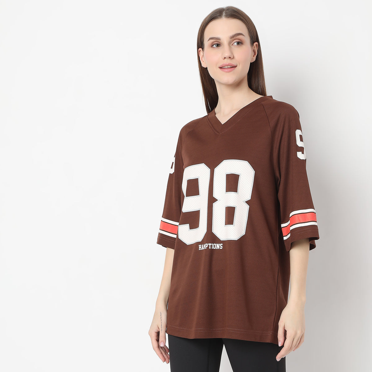 Oversize Printed Above Knee V-Neck Sporty T-Shirt