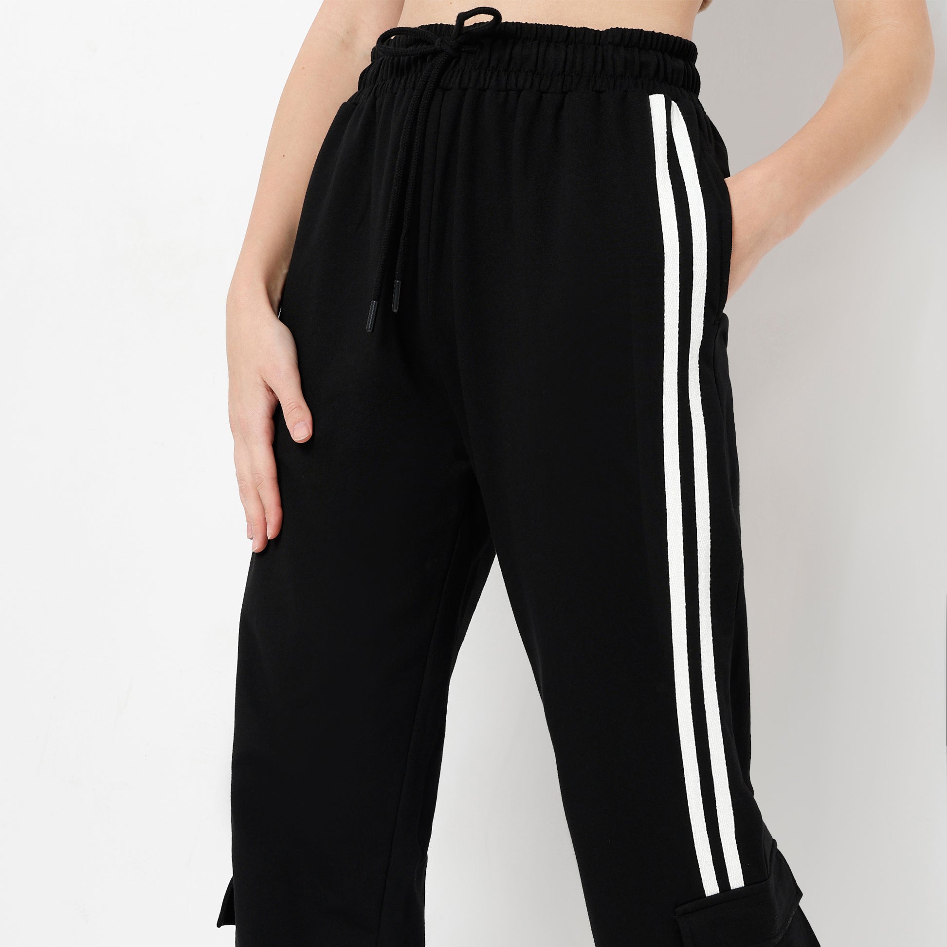 Relaxed Fit Ankle Length High Rise with Patch Pockets and Stripe Detail Joggers