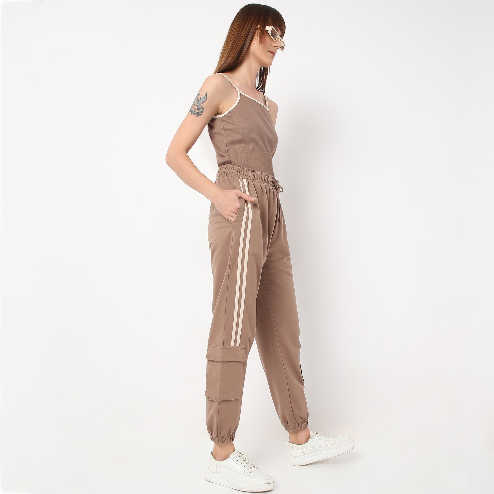 Relaxed Fit Ankle Length High Rise with Patch Pockets and Stripe Detail Joggers