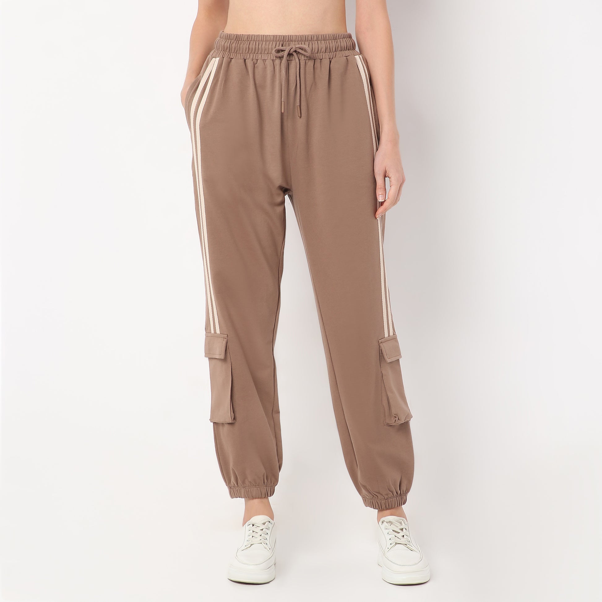 Relaxed Fit Ankle Length High Rise with Patch Pockets and Stripe Detail Joggers