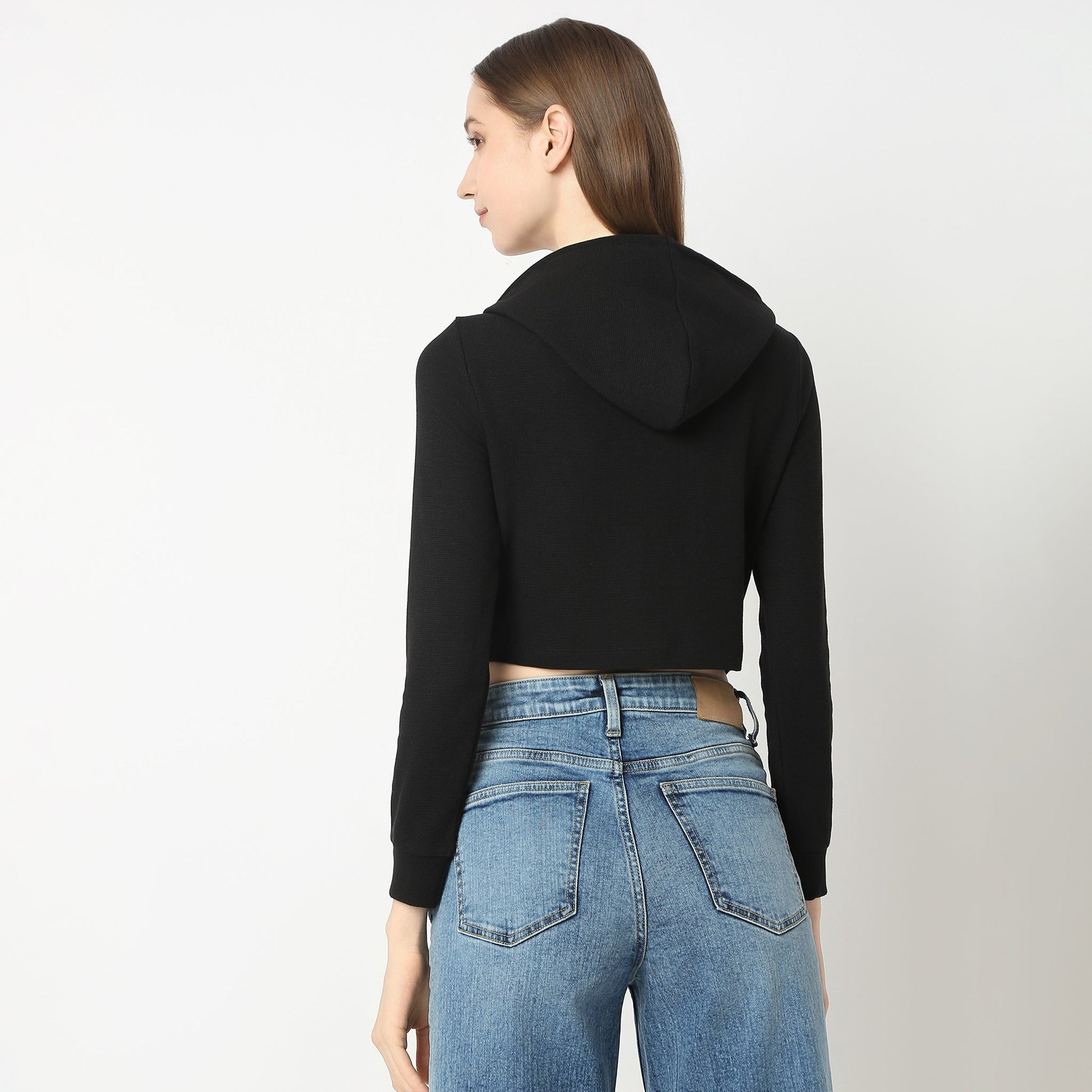 Women Solid Hoodie Cropped Full Sleeve Young Altheisure Sports Jacket