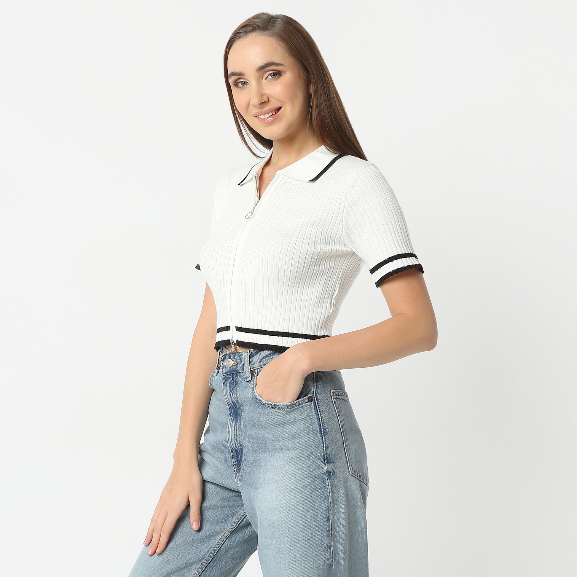 Slim Fit Solid Polo Neck Cropped T-Shirt