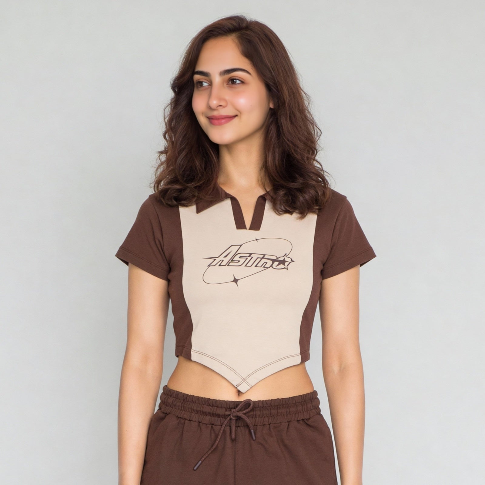 Polo Neck Graphic Athleisure Crop T-Shirt
