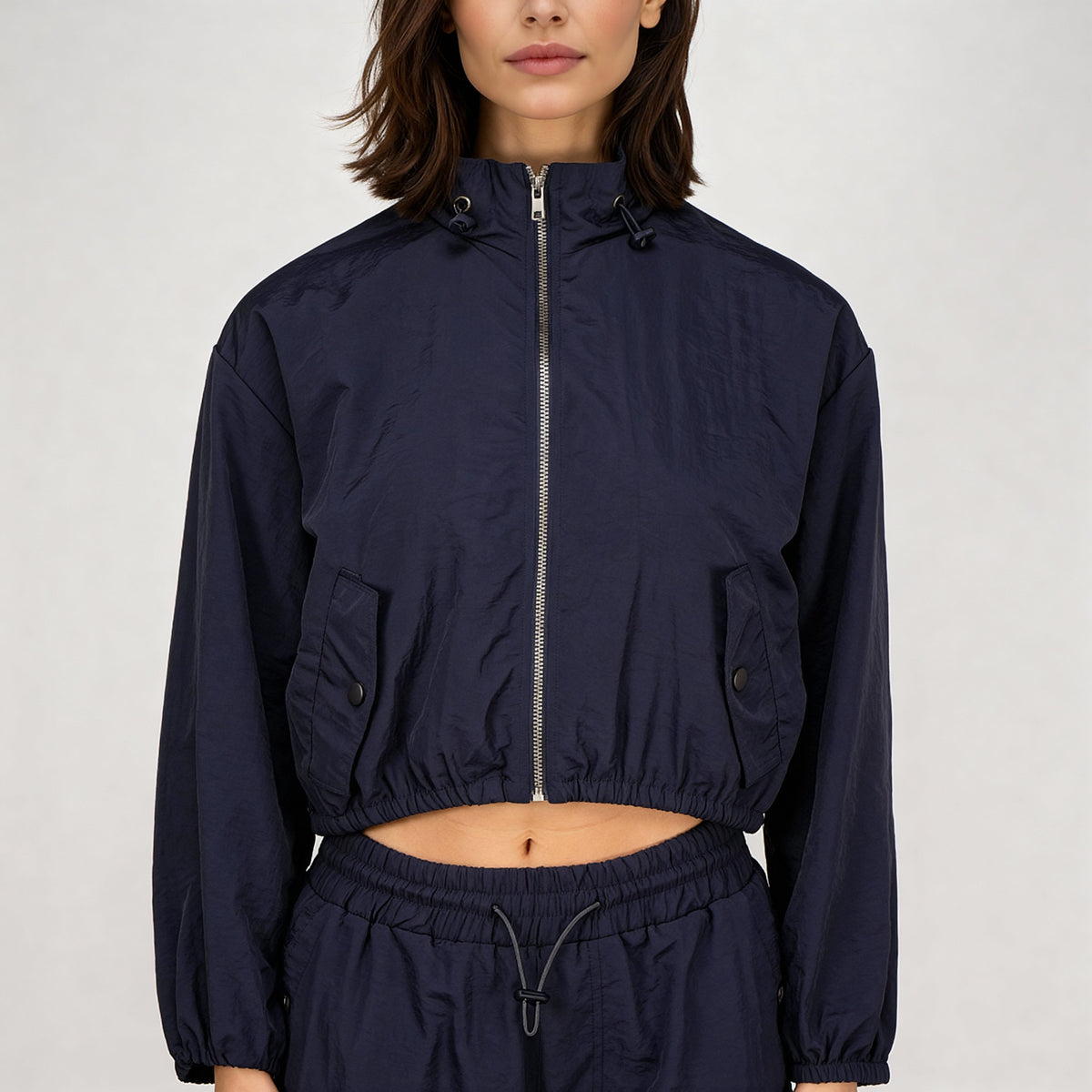 High Neck Front Zipper Open Jacket