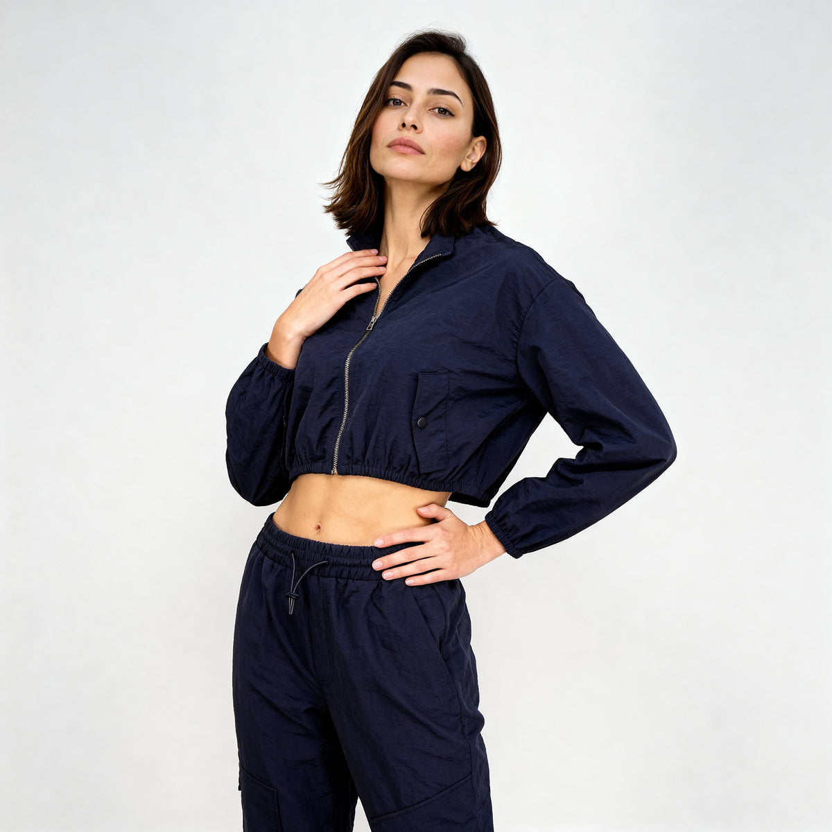 High Neck Front Zipper Open Jacket