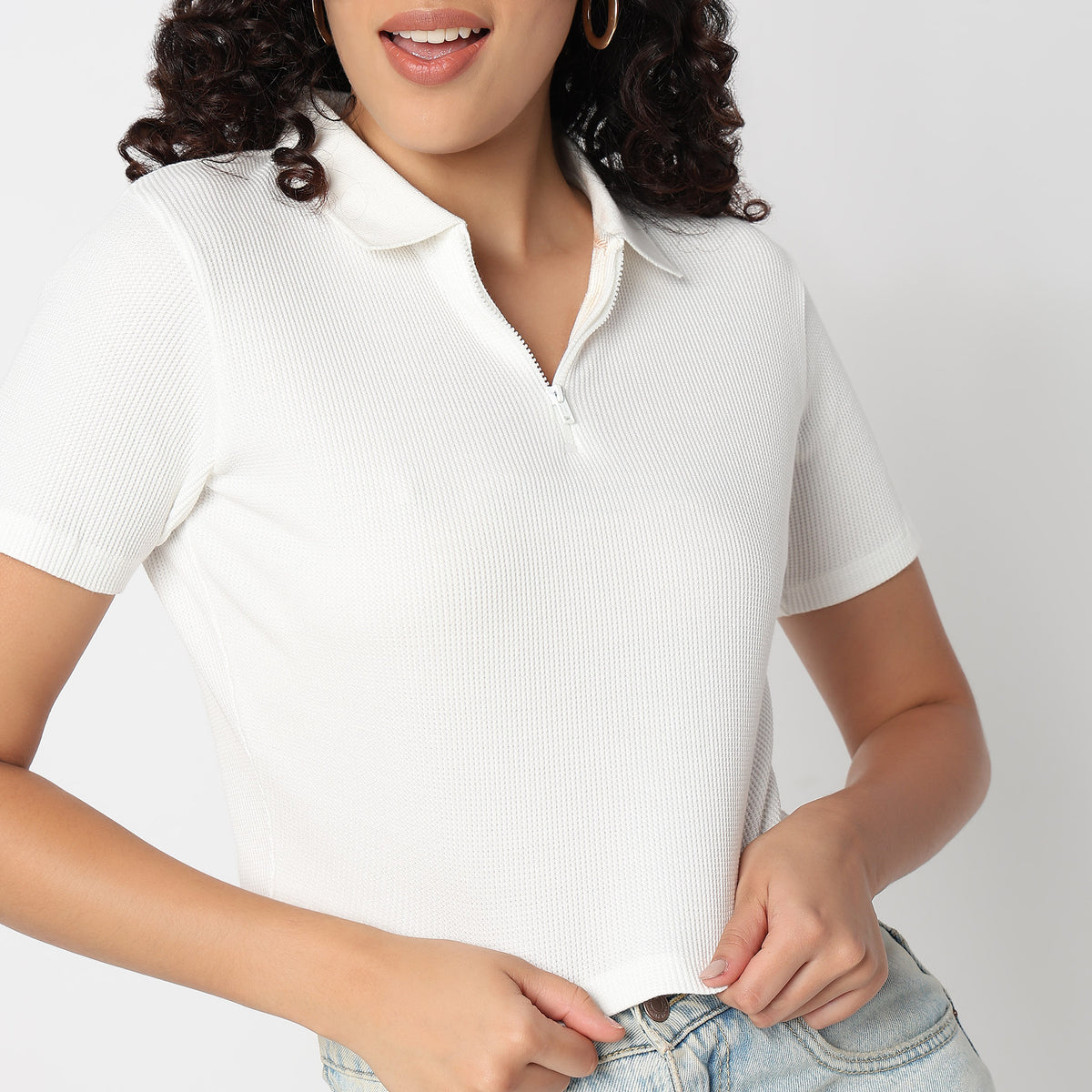 Slim Fit Athleisure T-Shirt with Partial Zipper Opening