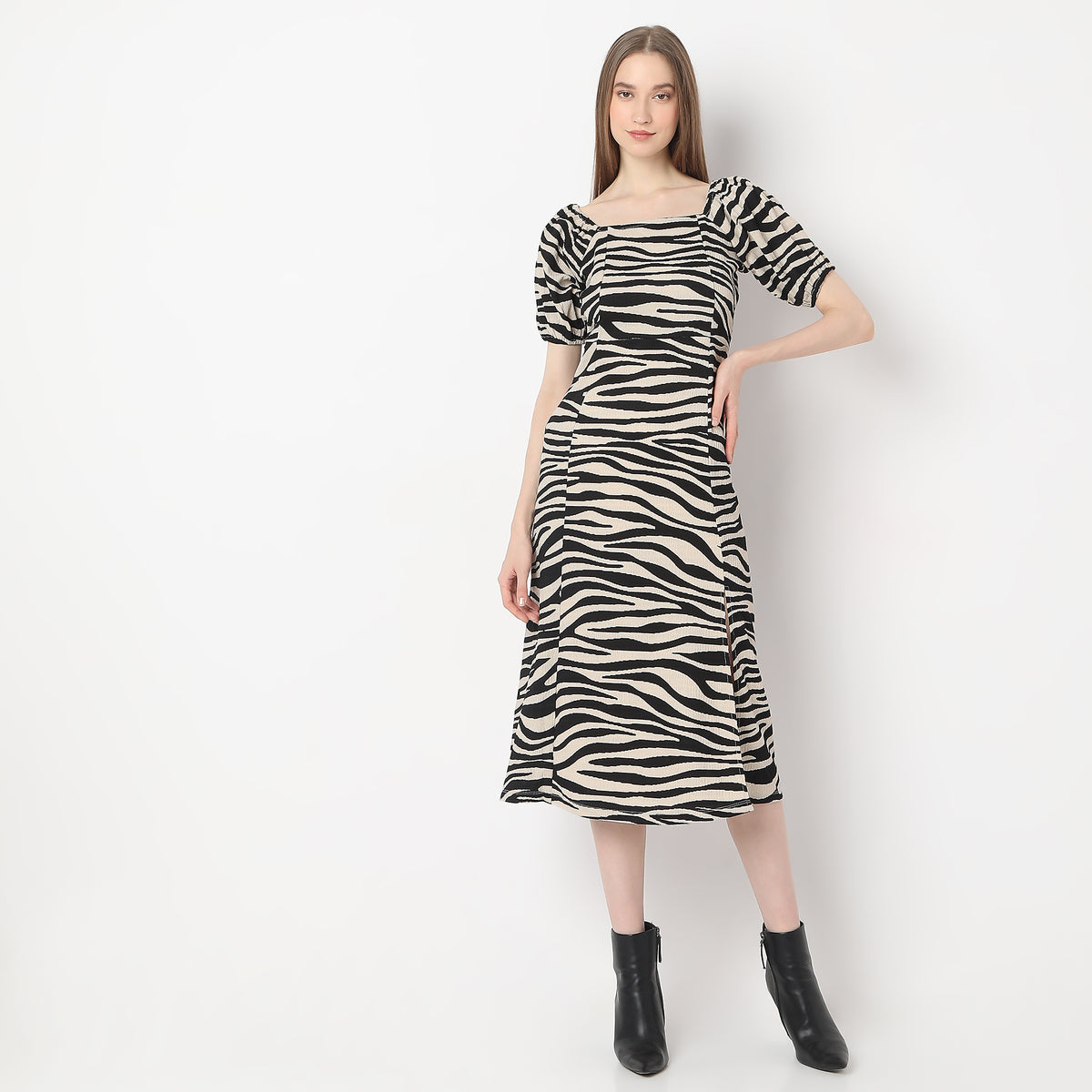 Animal Print Below Knee Flared Hem Dress