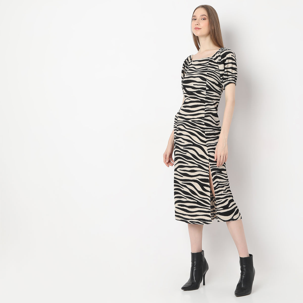 Animal Print Below Knee Flared Hem Dress