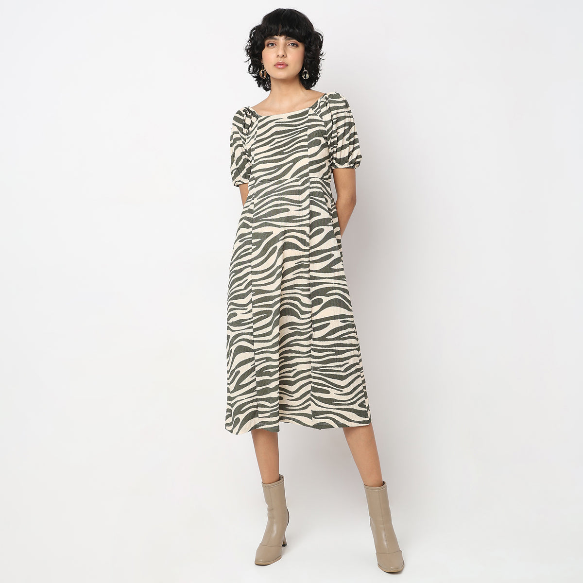 Animal Print Below Knee Flared Hem Dress