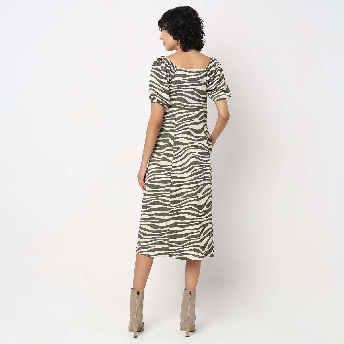 Animal Print Below Knee Flared Hem Dress