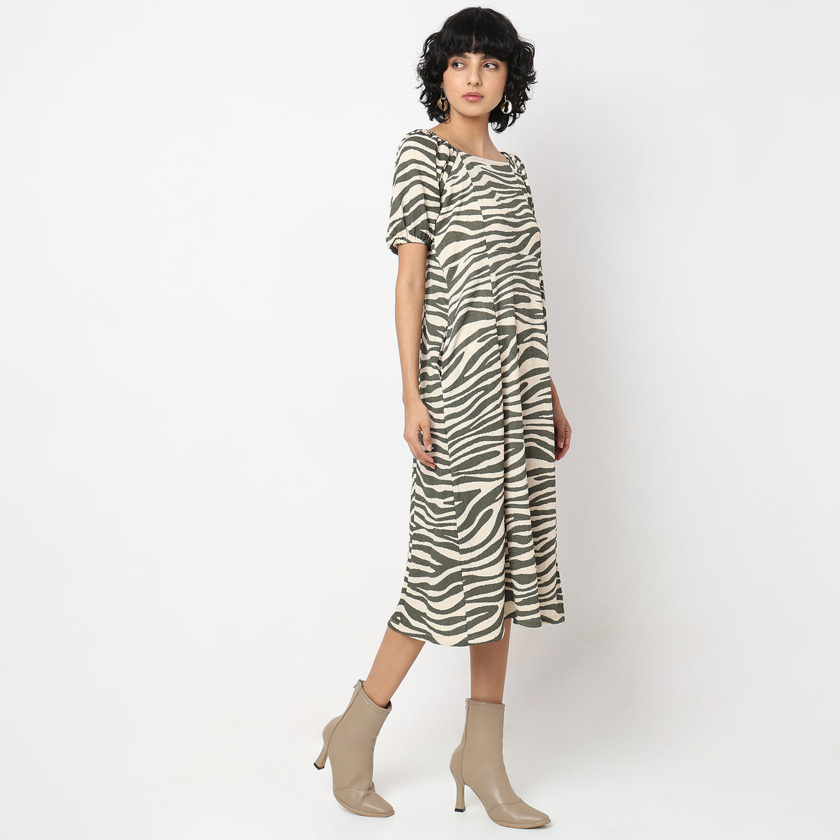 Animal Print Below Knee Flared Hem Dress