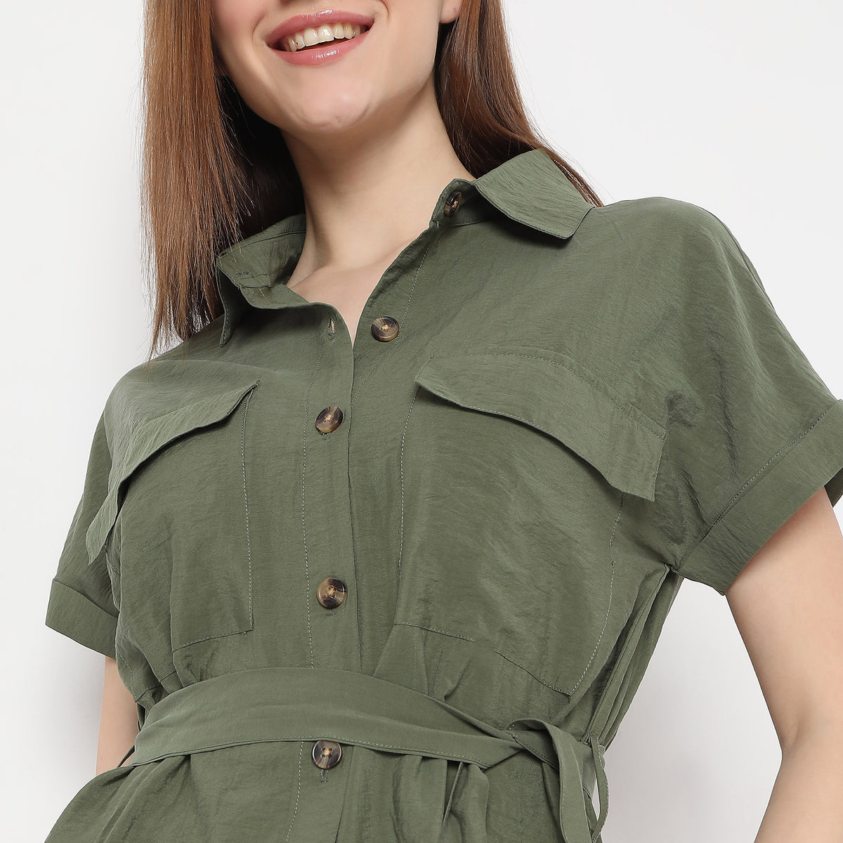 Knee Length Extended Short Sleeve Collar Dress