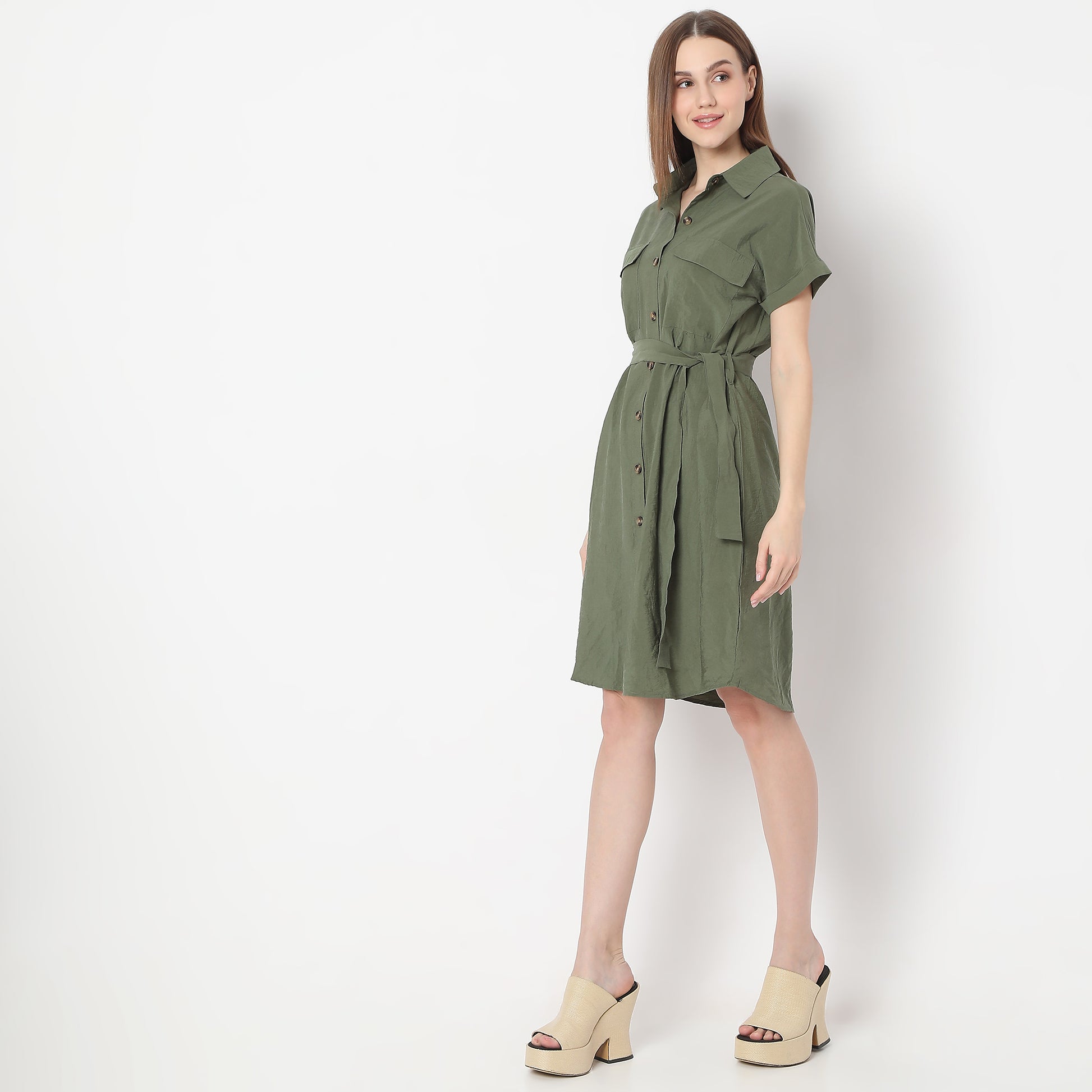 Knee Length Extended Short Sleeve Collar Dress