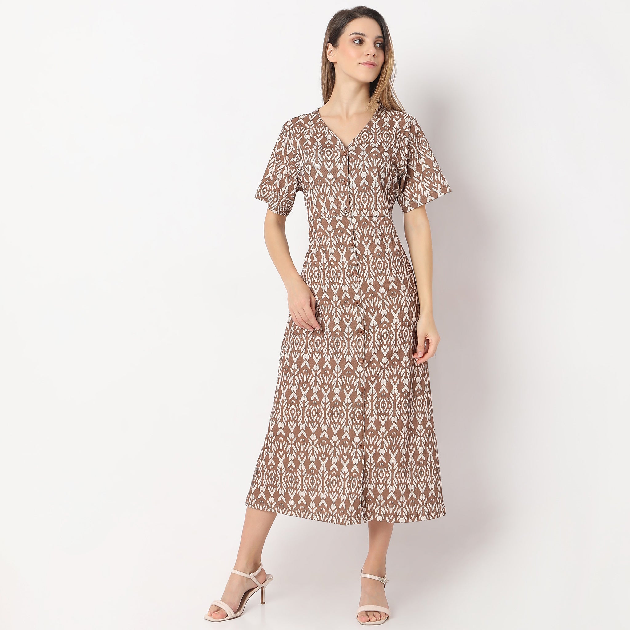 Printed Calf Length V Neck Short Sleeve Dress