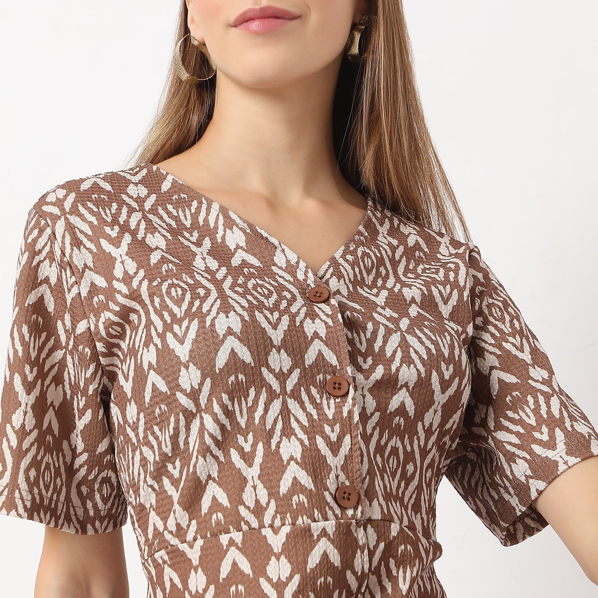 Printed Calf Length V Neck Short Sleeve Dress