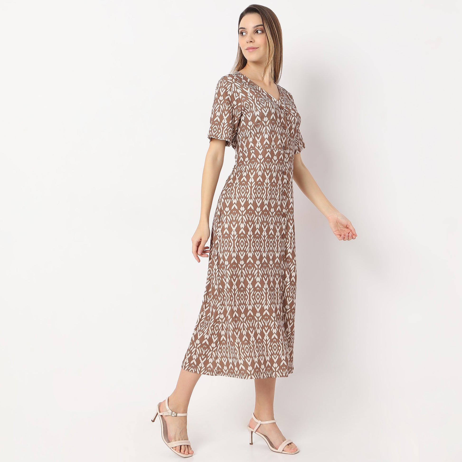Printed Calf Length V Neck Short Sleeve Dress