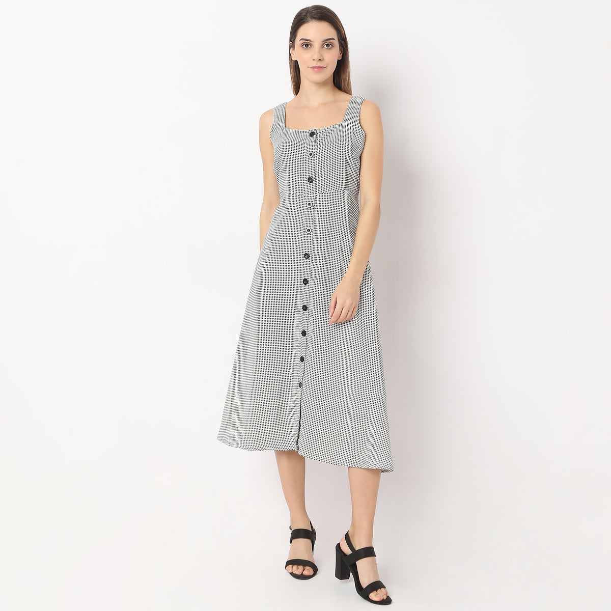 Printed Calf Length Square Neck A line Sleeveless Dress