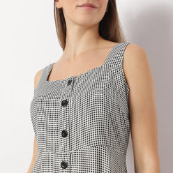 Printed Calf Length Square Neck A line Sleeveless Dress