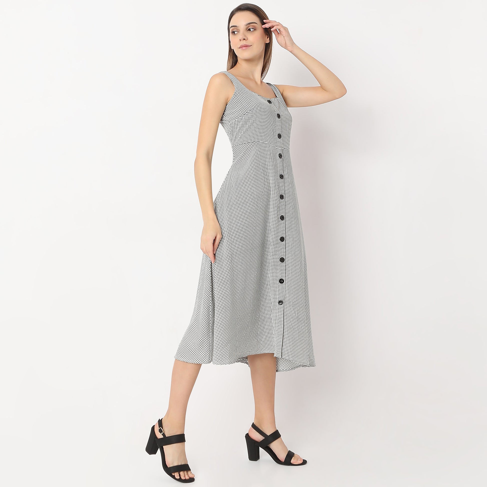 Printed Calf Length Square Neck A line Sleeveless Dress