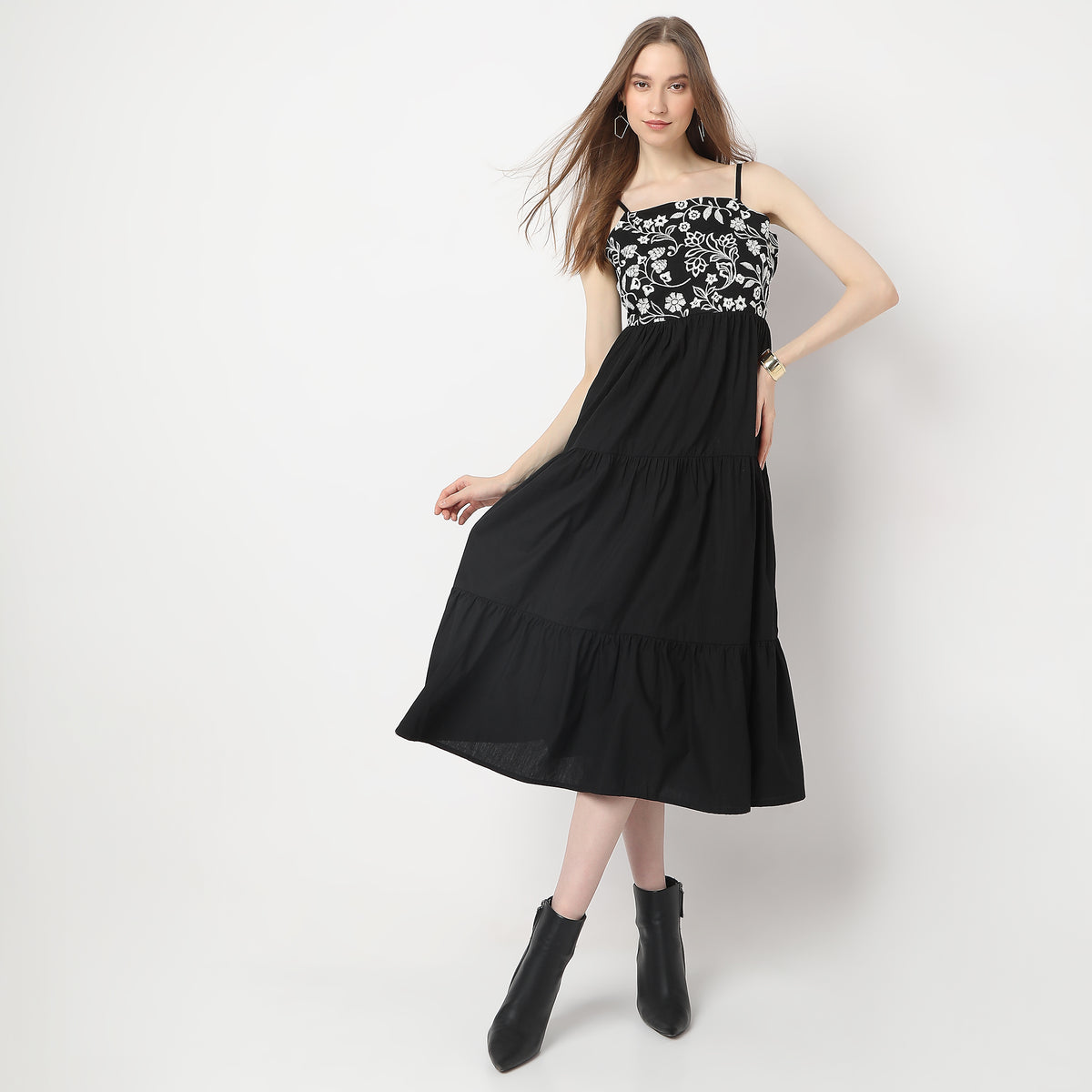 Crochet Calf Length Square Neck Tier Dress with Lace Pattern