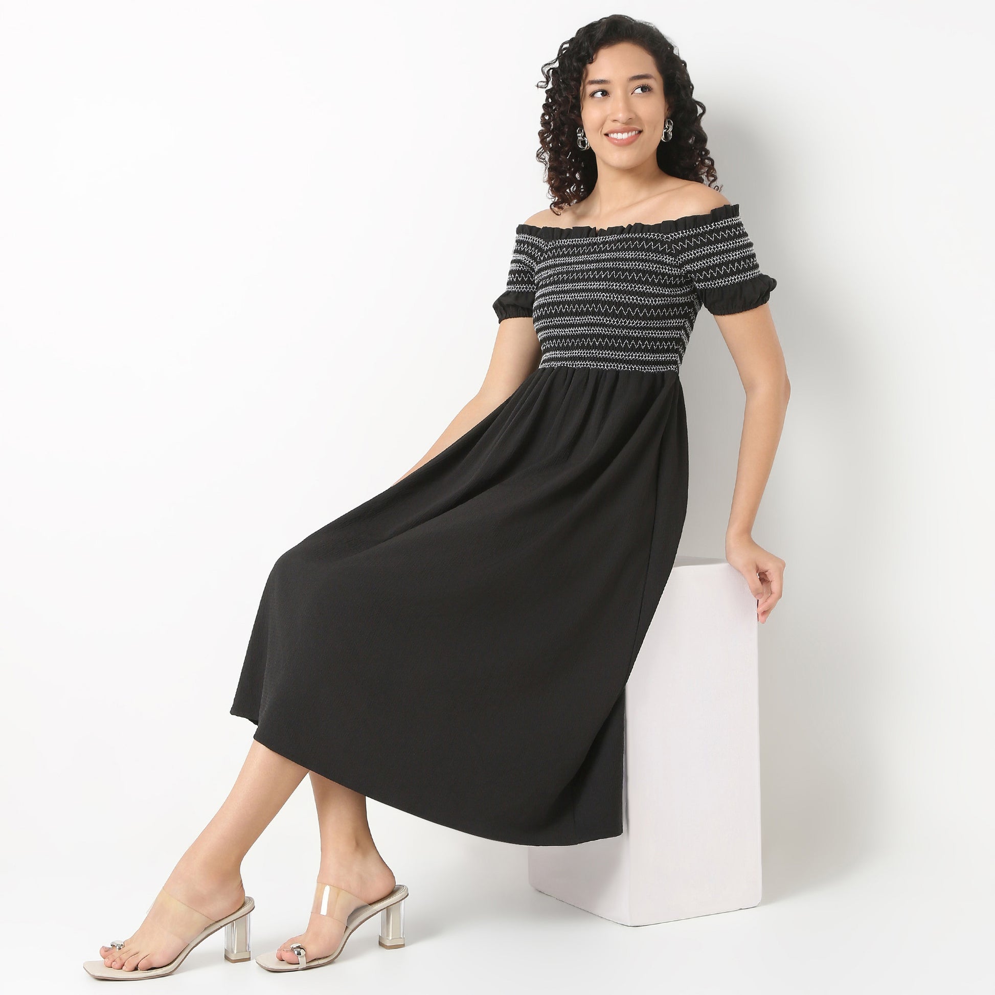 Off-Shoulder Neck Solid Flared Dress