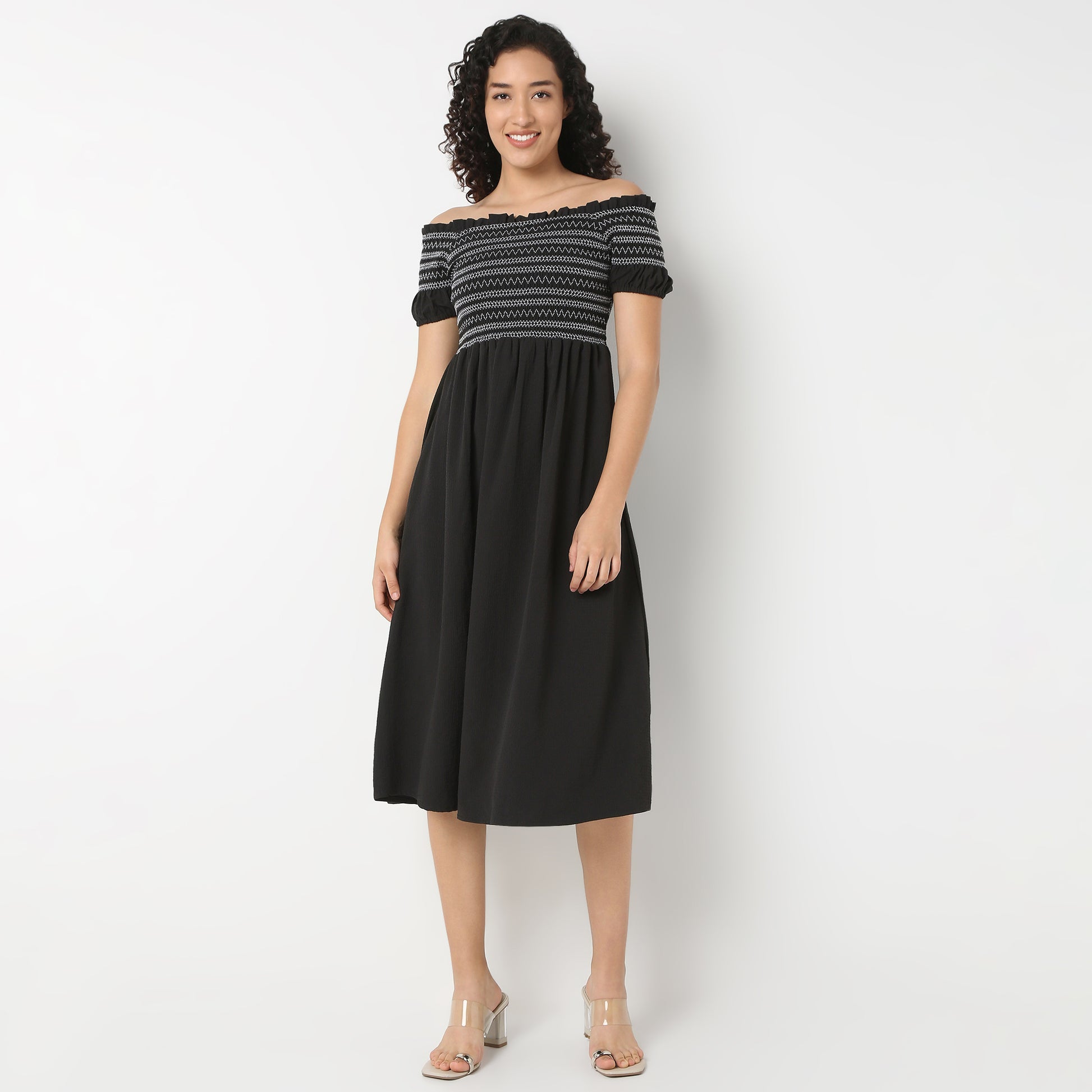 Off-Shoulder Neck Solid Flared Dress