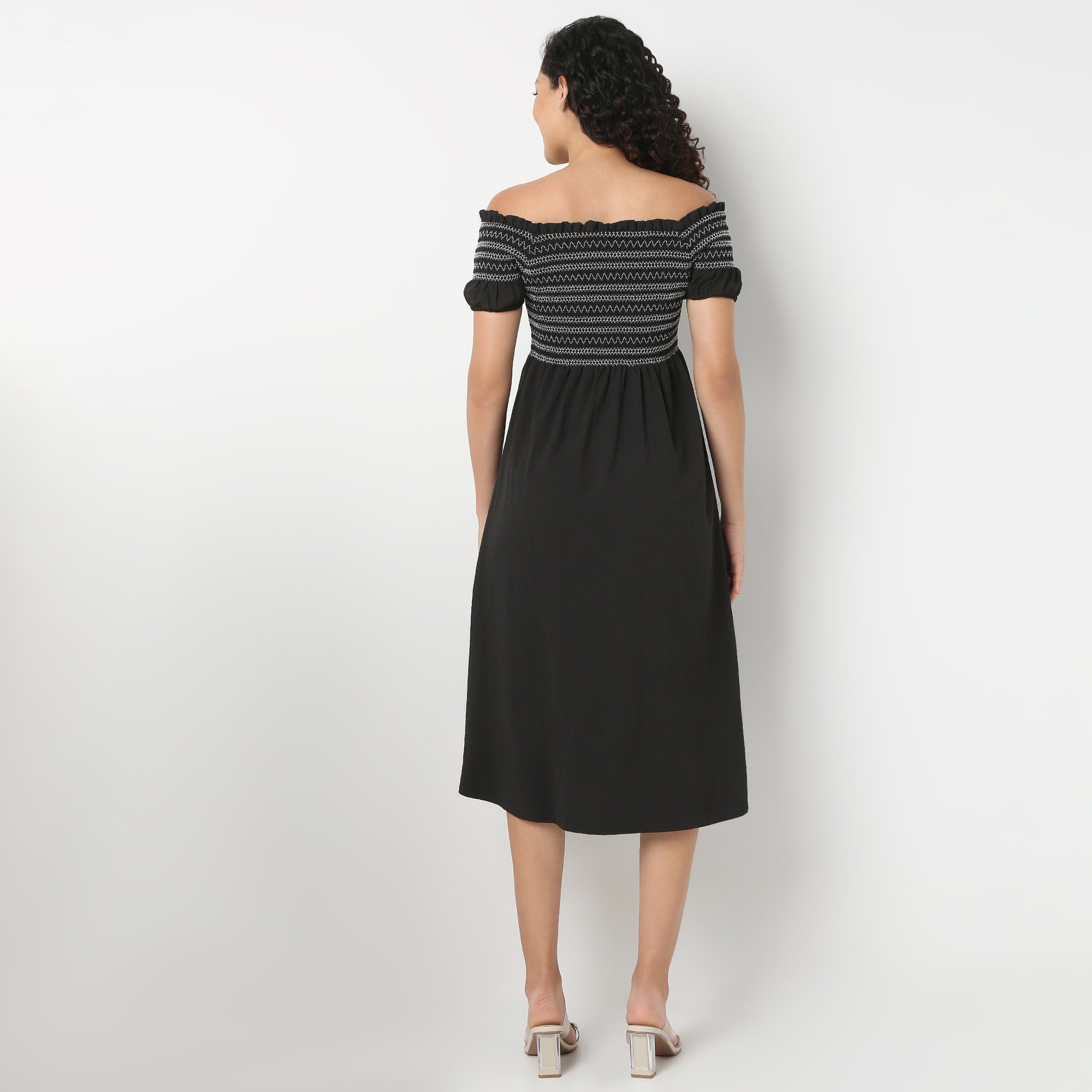 Off-Shoulder Neck Solid Flared Dress