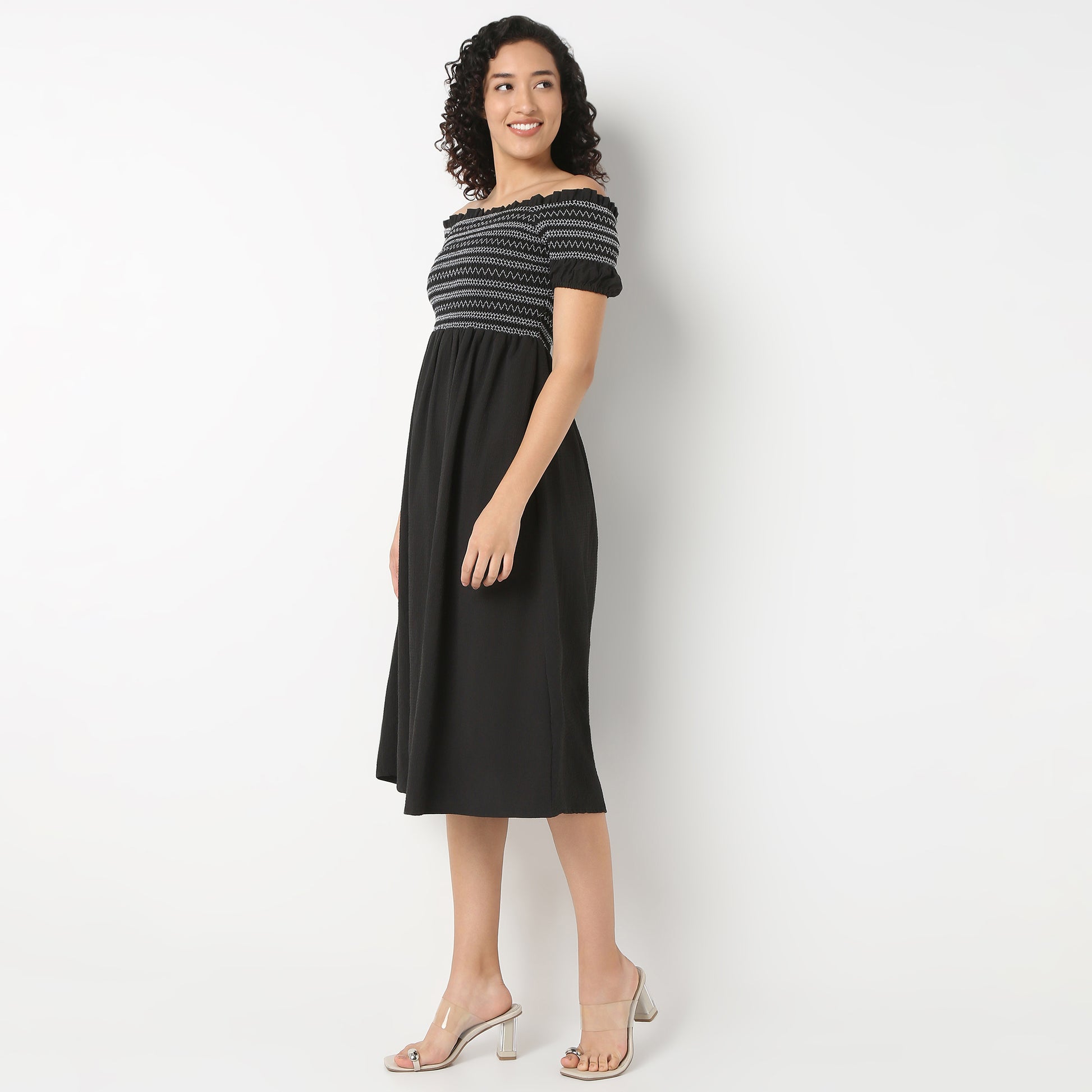 Off-Shoulder Neck Solid Flared Dress