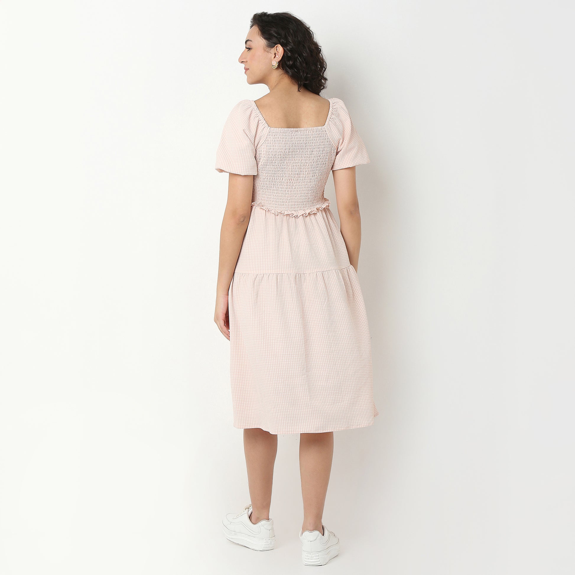 Checkered Polyester Puff Sleeve Dress