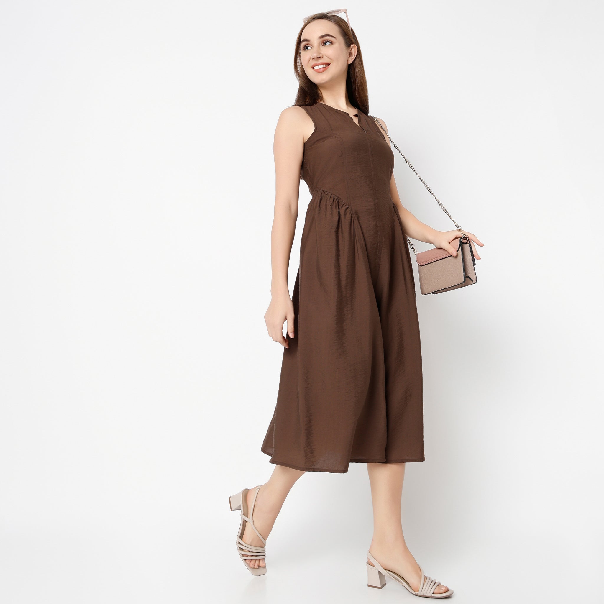 Regular Fit Solid Round Neck Dress