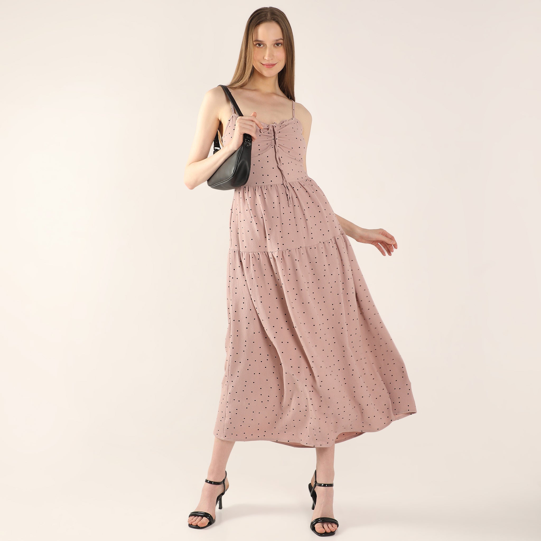 Polka Dot Calf-Length V-Neck Sleeveless Dress