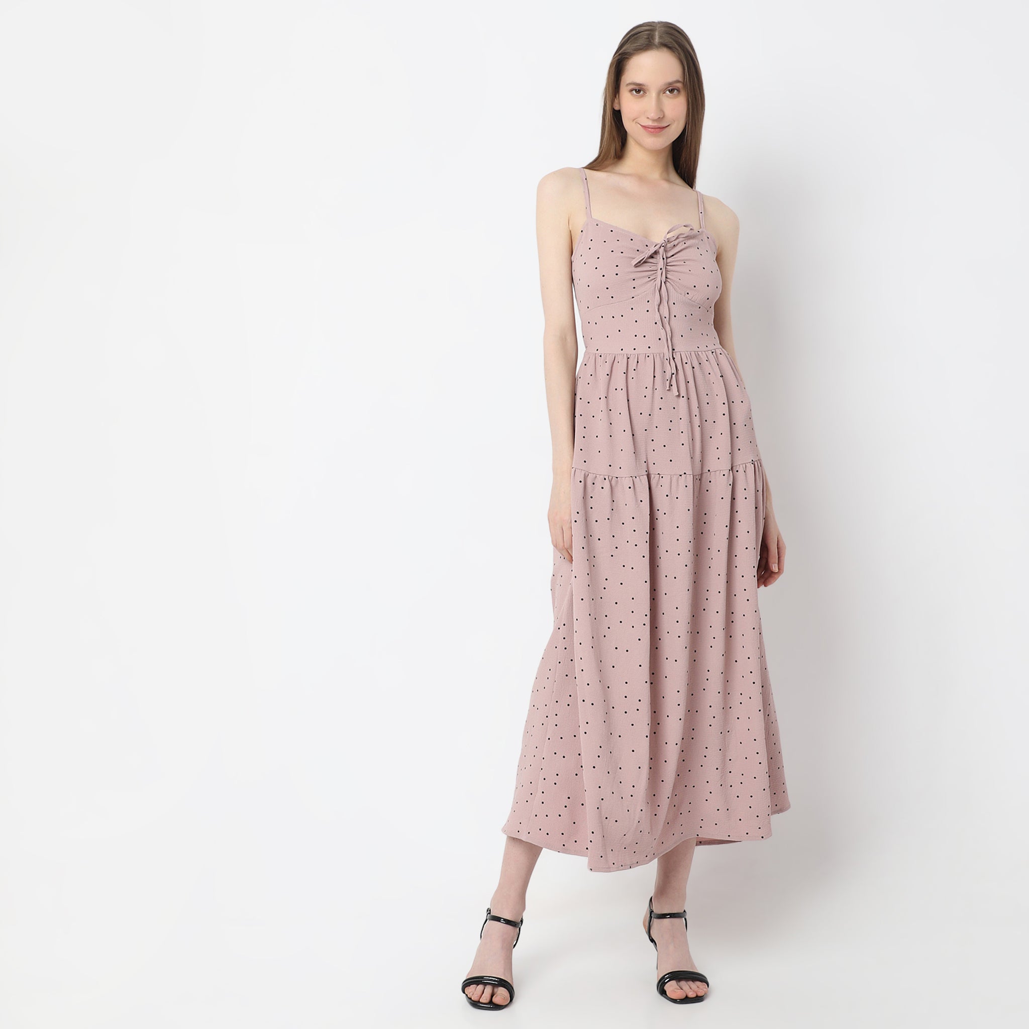 Polka Dot Calf-Length V-Neck Sleeveless Dress