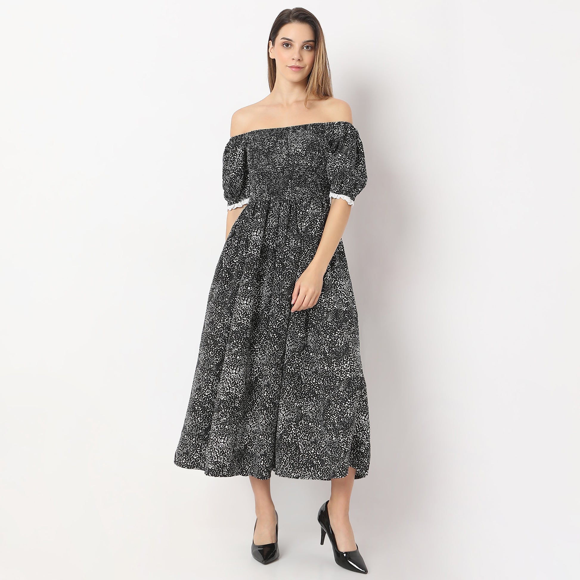 Printed Full Length Off Shoulder Flared Puff Sleeve Dress