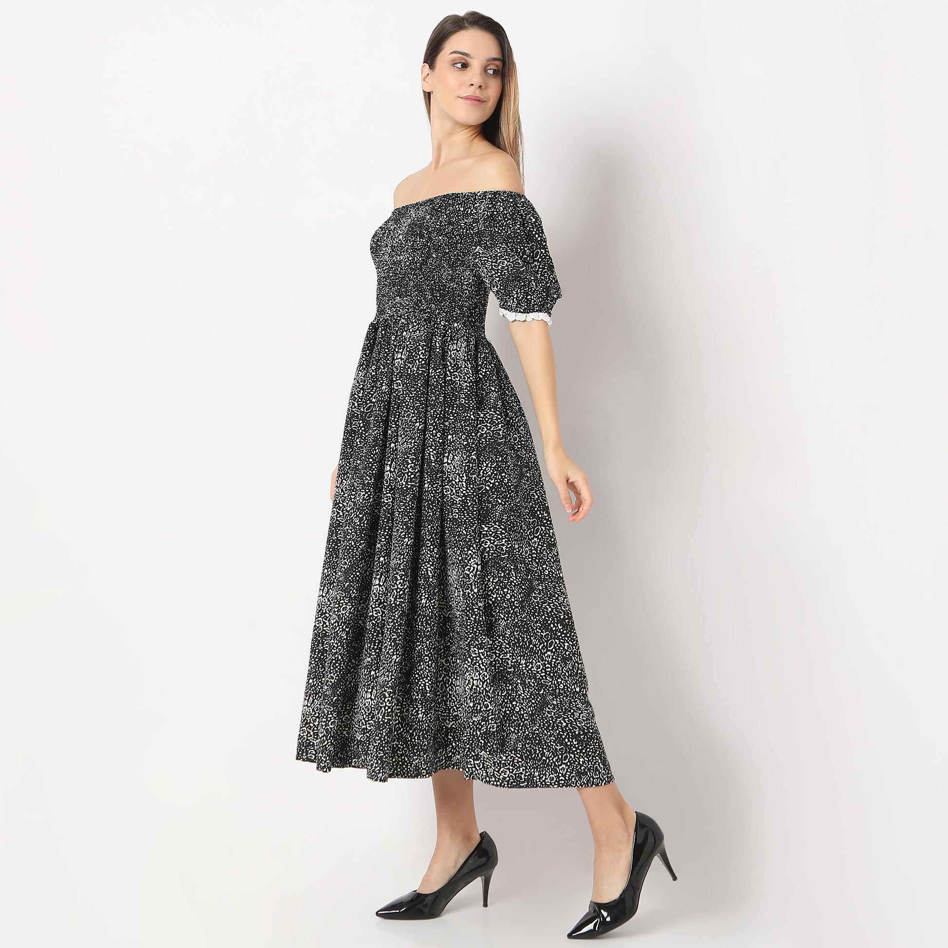 Printed Full Length Off Shoulder Flared Puff Sleeve Dress