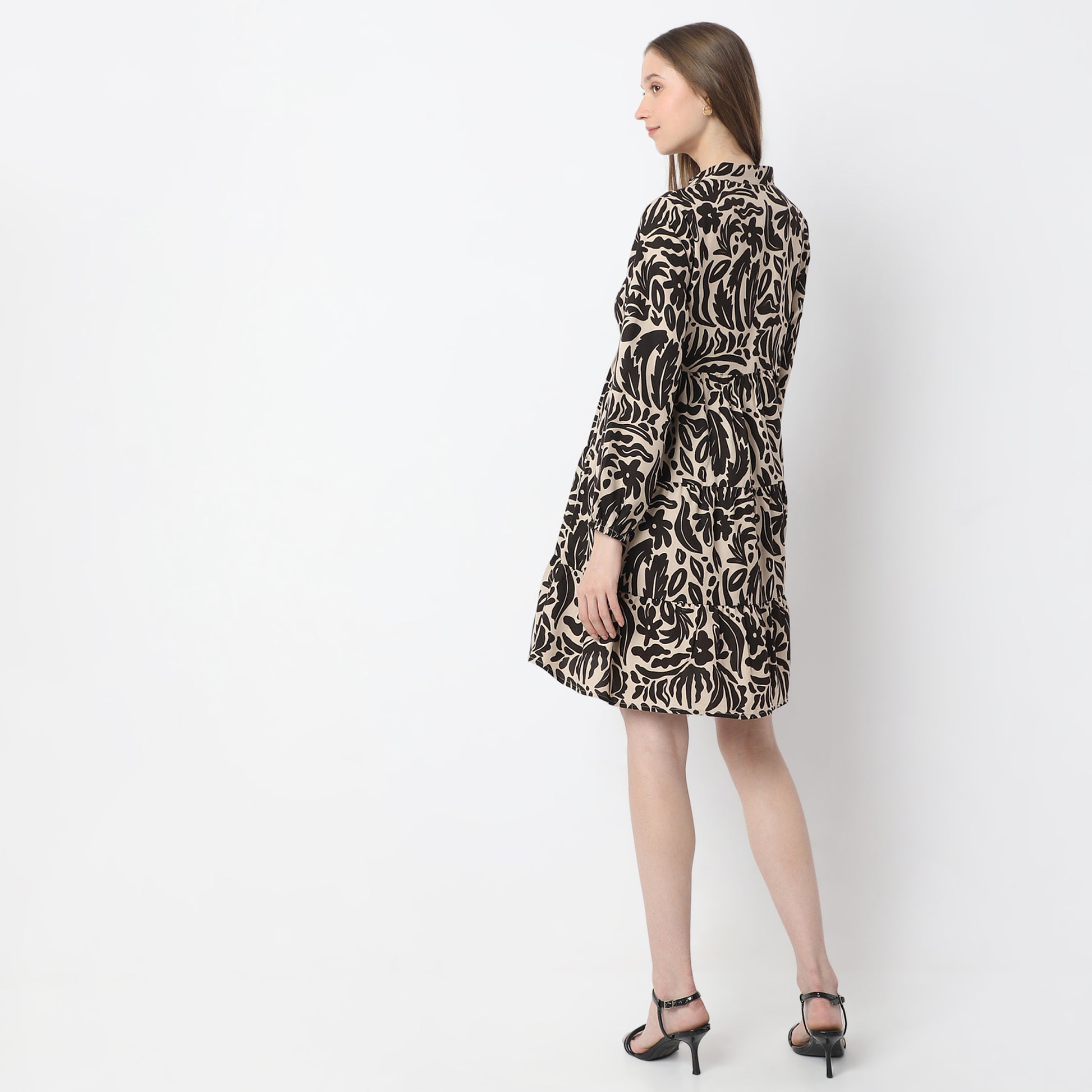 Printed Above Knee-Length Collared Scarlet Tiered Dress