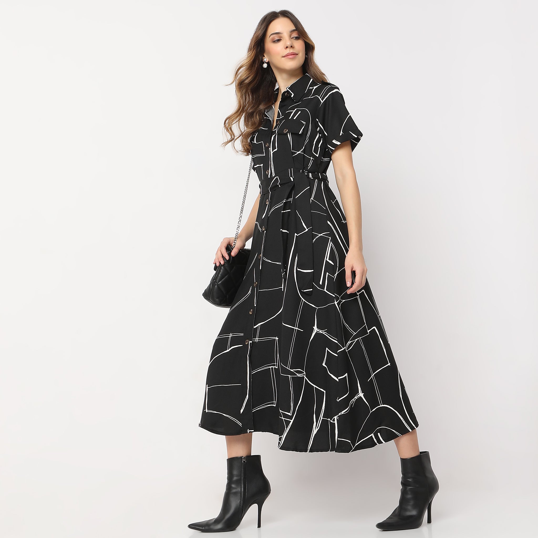 Printed Calf Length Shirt Collar Luxe Short Sleeve Dress