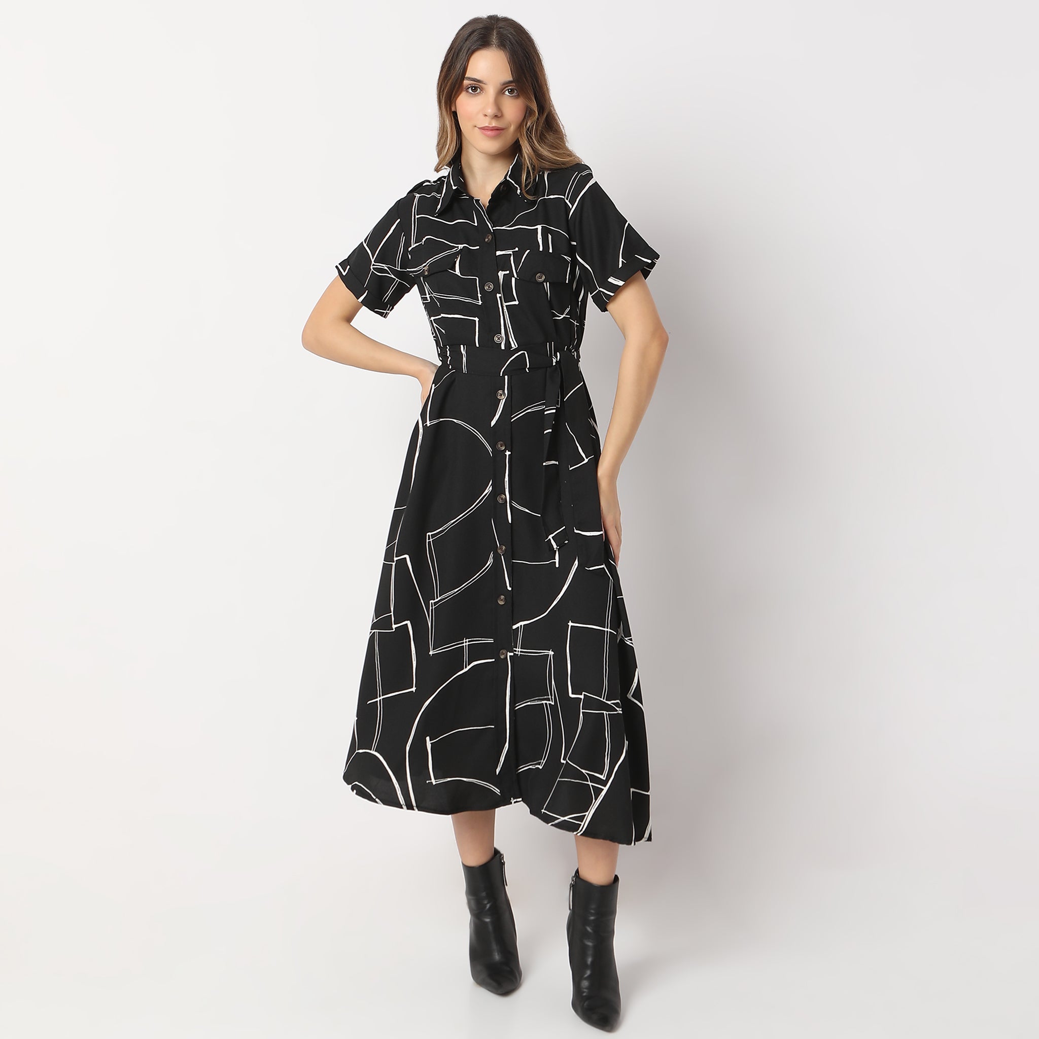 Printed Calf Length Shirt Collar Luxe Short Sleeve Dress