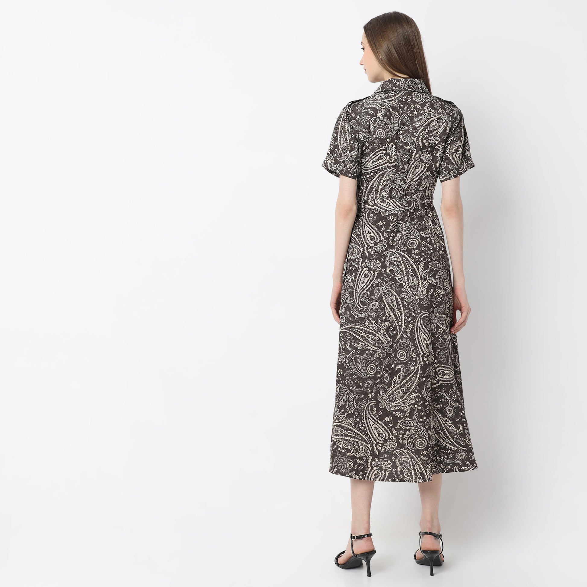 Printed Calf Length Shirt Collar Luxe Short Sleeve Dress