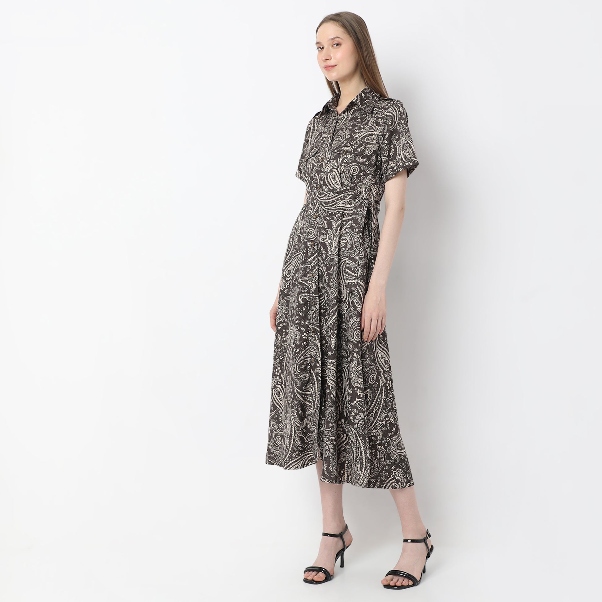 Printed Calf Length Shirt Collar Luxe Short Sleeve Dress