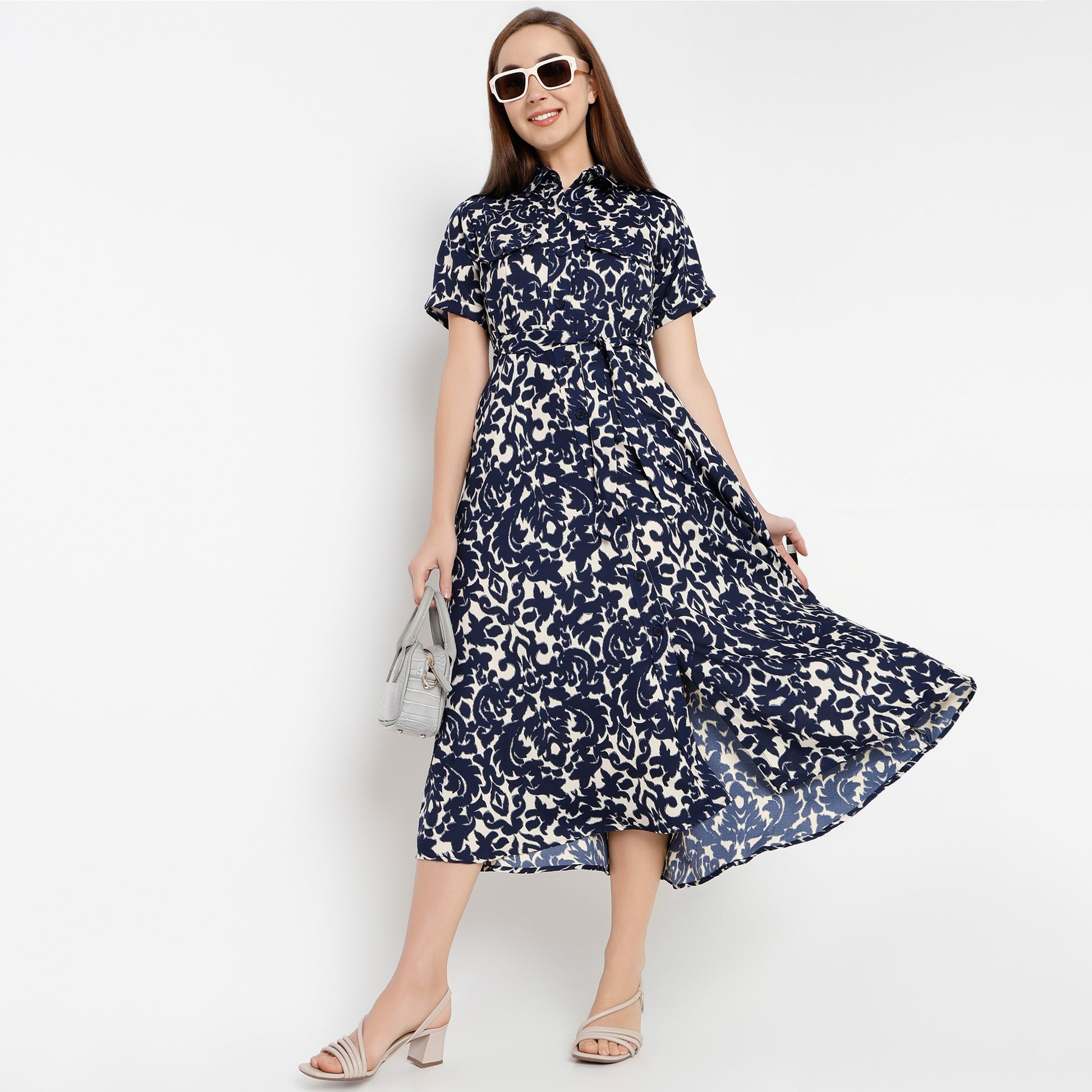 Printed Calf Length Shirt Collar Luxe Short Sleeve Dress
