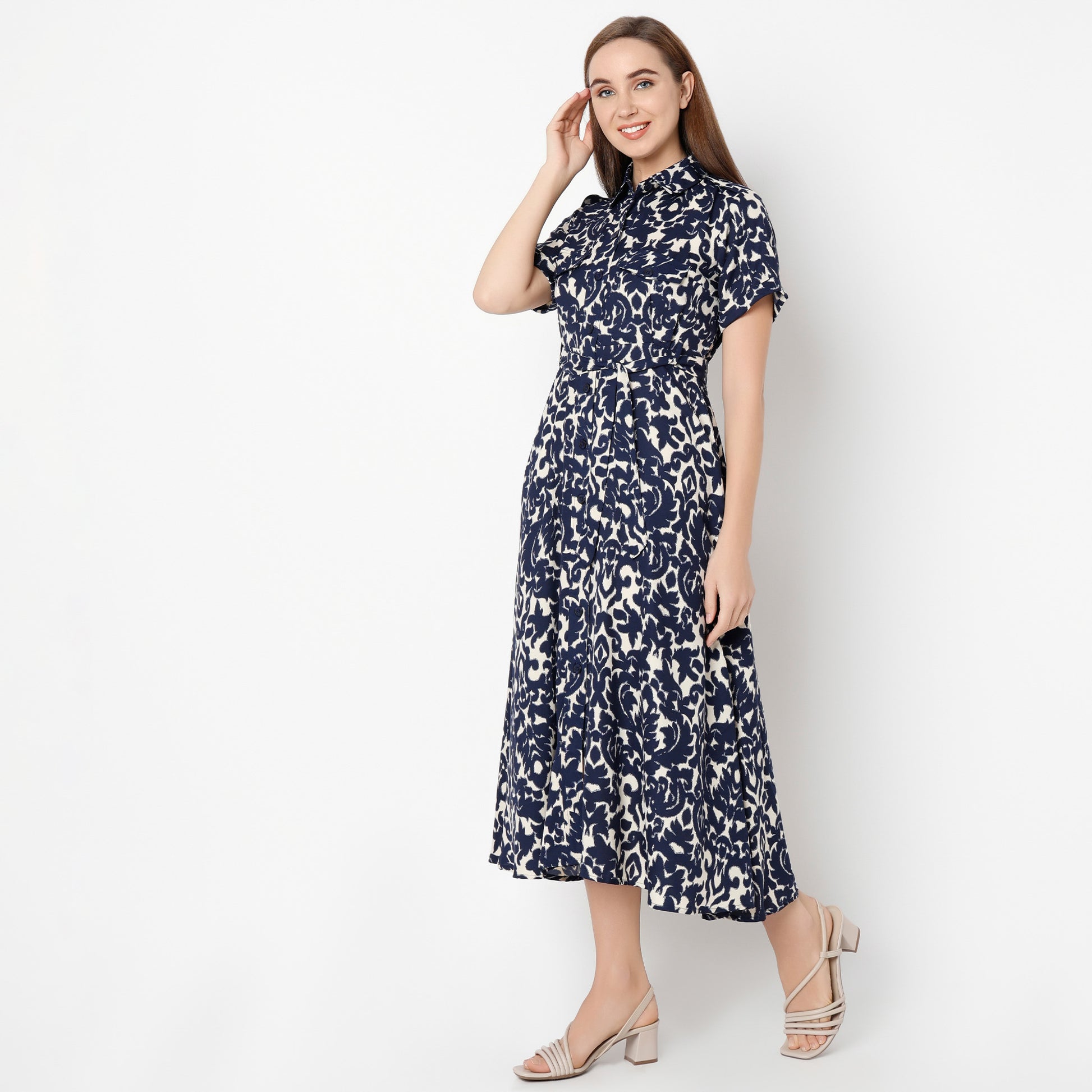 Printed Calf Length Shirt Collar Luxe Short Sleeve Dress